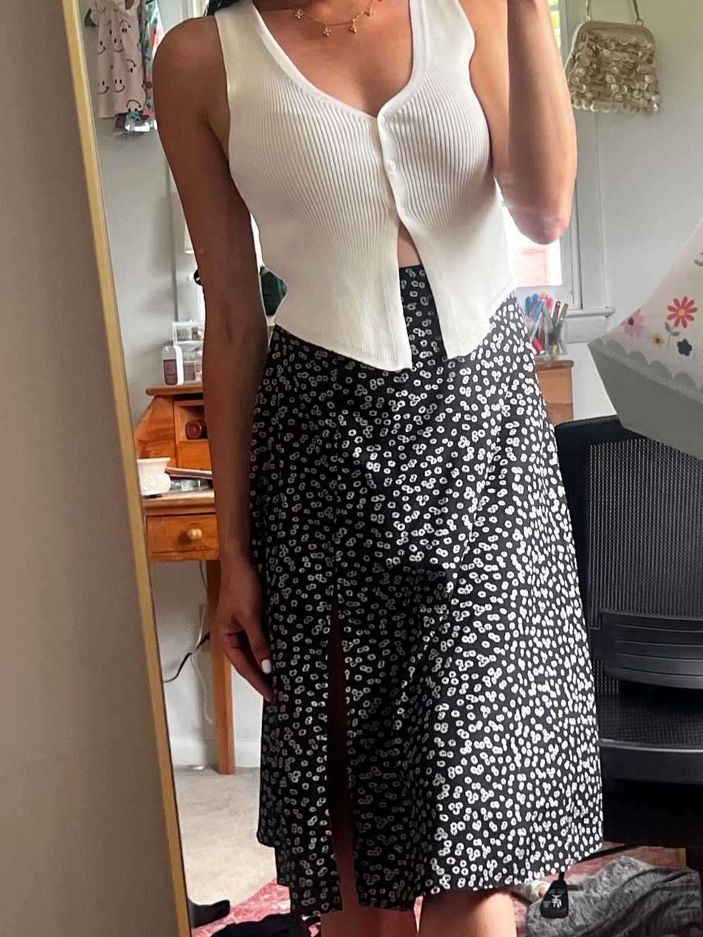 Trendy Summer Two Piece Ribbed Vest and Floral Midi Skirt Set